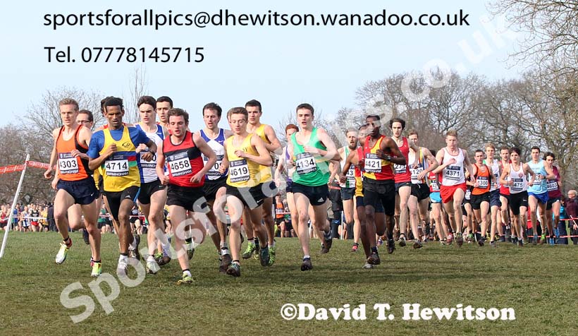 4714 Yared Hagos (North East) with the leaders in the early stages of the senior mens Inter Counties Cross Country, Cofton Park, Birmingham. Photo: David T. Hewitson/Sports for All Pics